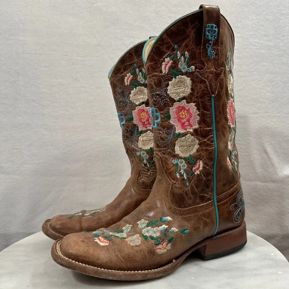 Macie Bean floral brown cowboy boots square toe rose garden leather pink blue - Picture 2 of 11